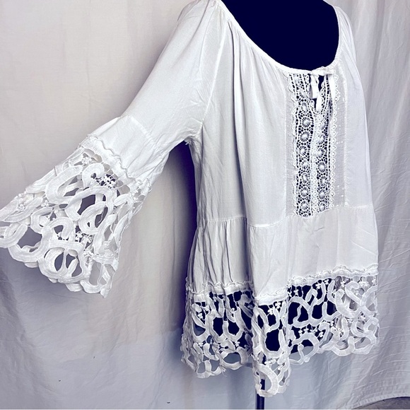Sandra Fellini | White Boho Gauzy Guipure Lace Sequin Tunic Blouse, Large - Picture 5 of 10